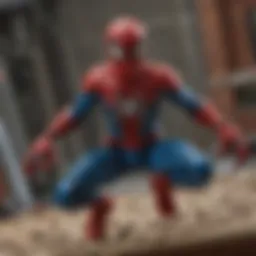 A detailed LEGO model of Spider-Man web-slinging in action