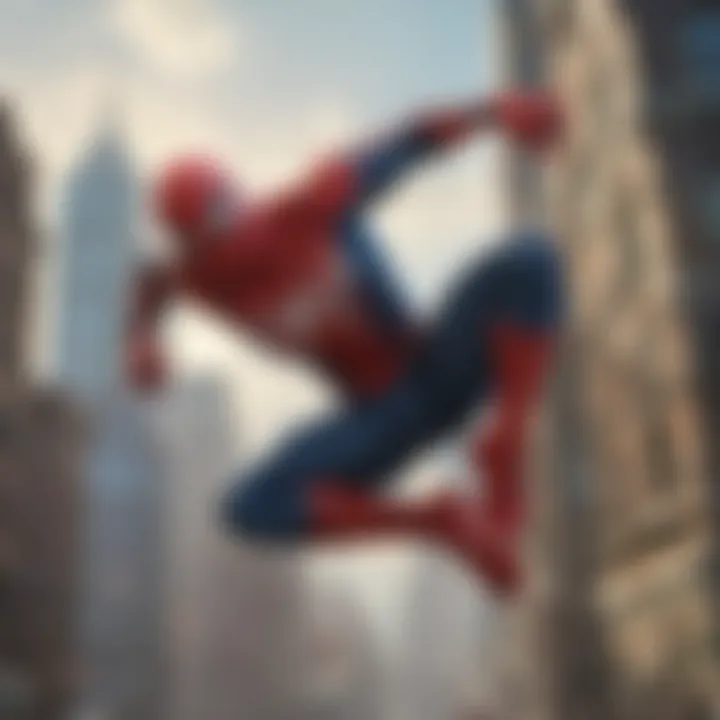 Heroic Spidey swinging through city skyline