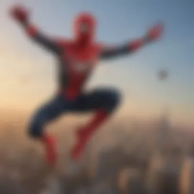 Dynamic action shot of Spider-Man in mid-air with cityscape backdrop