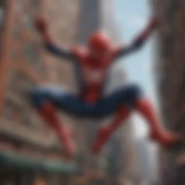 Marvel hero in red and blue suit swinging through cityscape