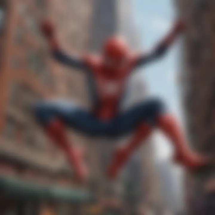 Marvel hero in red and blue suit swinging through cityscape