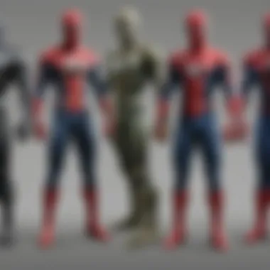 Three actors in iconic Spider-Man suits standing in a line