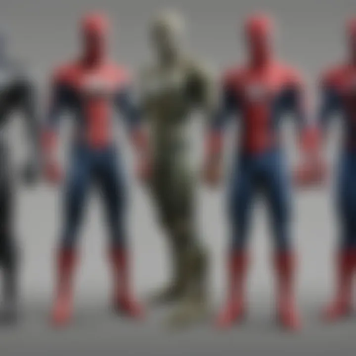 Three actors in iconic Spider-Man suits standing in a line