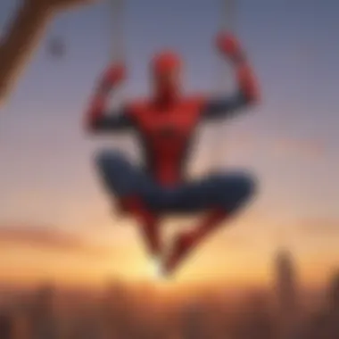 Spiderman swinging through the city at sunset