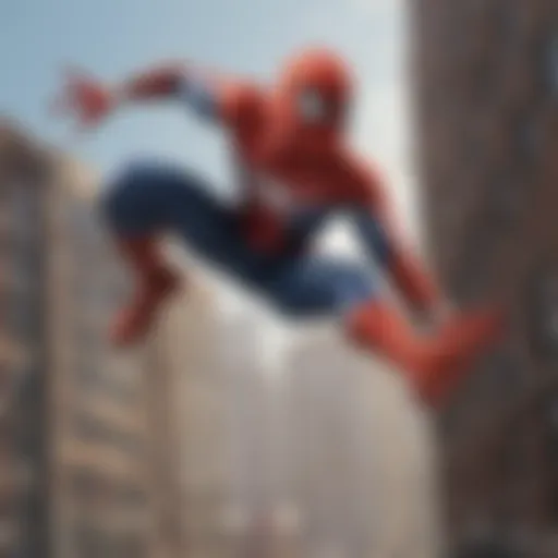 Superhero swinging through the city