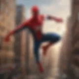 A dynamic scene featuring a Spider-Man-like character soaring through a vibrant cityscape.