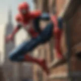 Spider-Man swinging through the city with his iconic red and blue suit