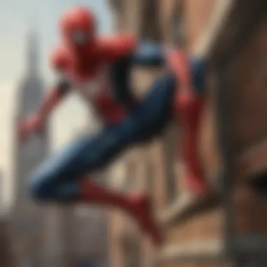 Spider-Man swinging through the city with his iconic red and blue suit