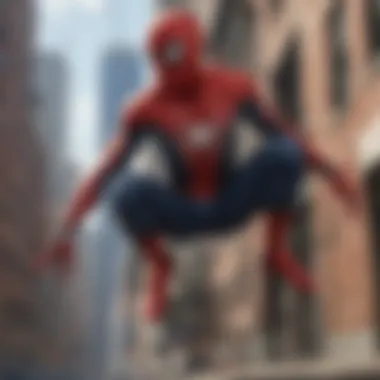 A dynamic action scene featuring Spider-Man in flight