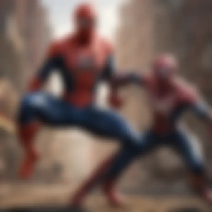 A close-up of Spider-Man battling a villain