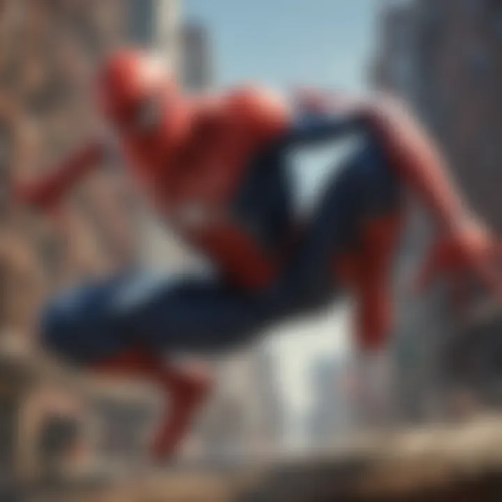 Conceptual art depicting a colossal Spider-Man swinging through a cityscape