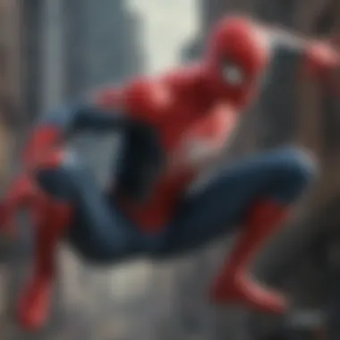 Digital representation of Spider-Man swinging through a cityscape