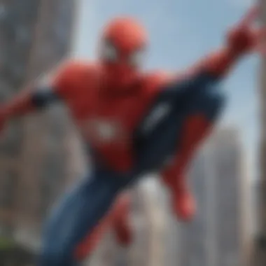 The iconic Spider-Man swinging through the city skyline