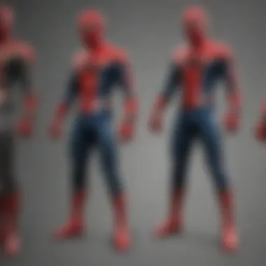 An artistic depiction of the evolution of Spider-Man's costume over the years.