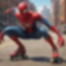 A dynamic illustration of Spider-Man performing roller skating tricks in an urban setting.