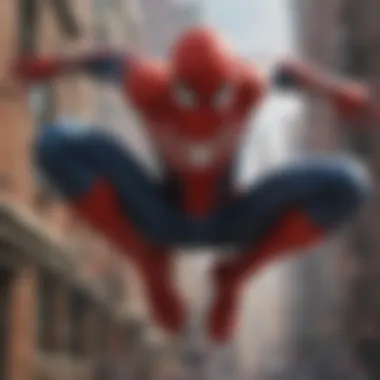 Artistic representation of Spider-Man swinging through the city.