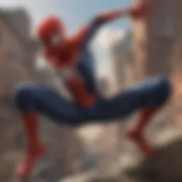 Iconic Spider-Man swinging through a dynamic cityscape