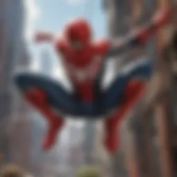 A dynamic action scene showcasing Spider-Man swinging through a cityscape.