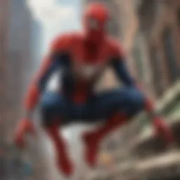 Dynamic portrayal of Spider-Man swinging through the cityscape