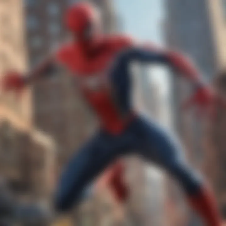 Dynamic action scene showcasing Spider-Man web-slinging through the city