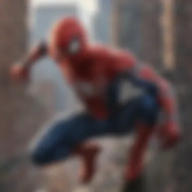 Iconic shot of Spider-Man perched on a skyscraper overlooking the cityscape