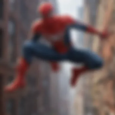 Spider-Man in Action Spider-Man swinging through the city skyline