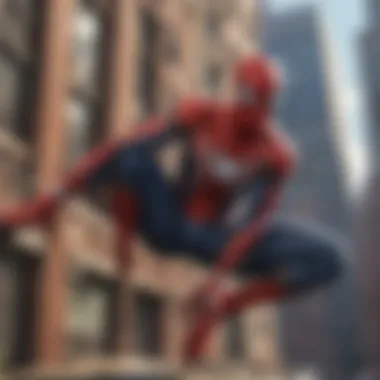 A dynamic screenshot showcasing Spider-Man swinging through the city in the PS4 game.