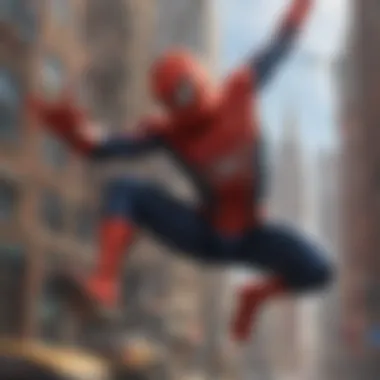 Superhero swinging through city skyscrapers