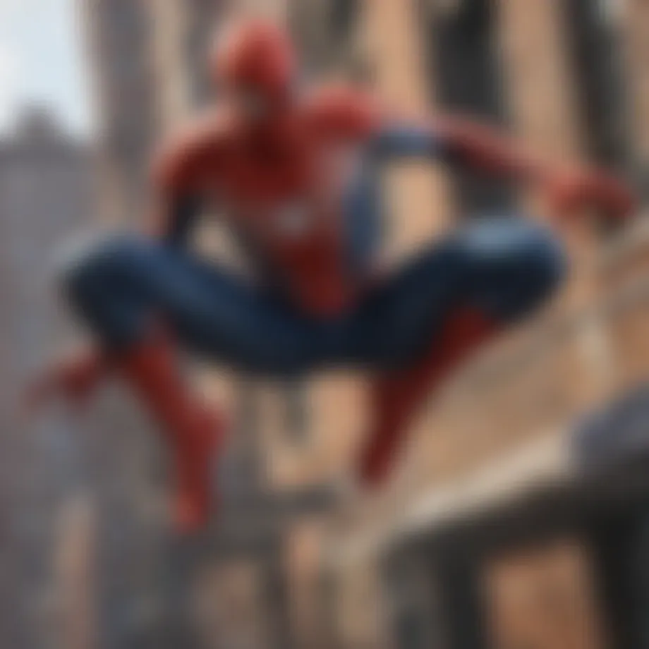 A vibrant scene depicting Spider-Man swinging through a city skyline.