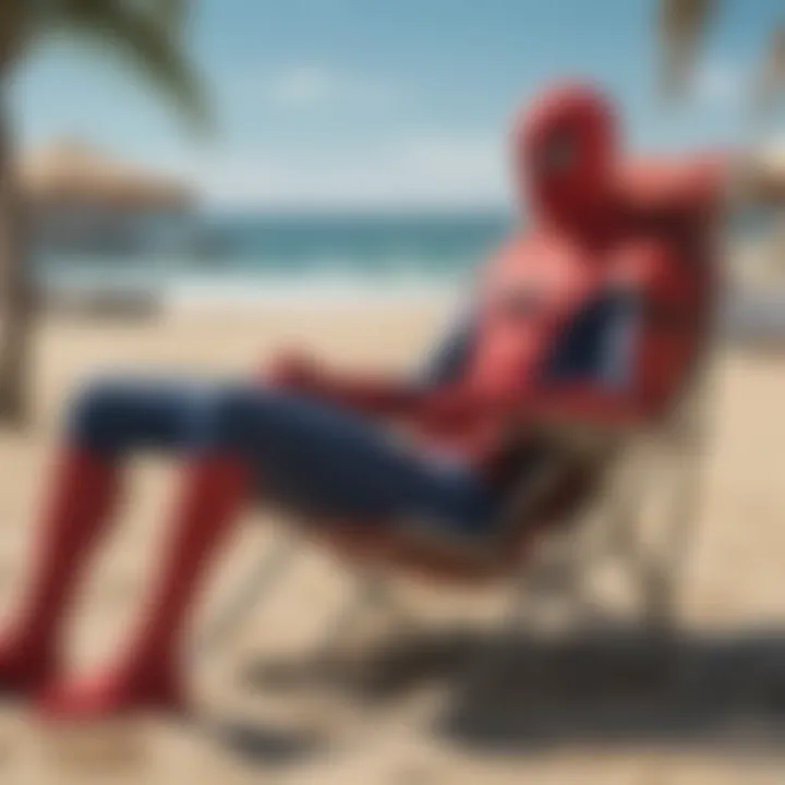 Person lounging on the Spider-Man beach chair by the ocean