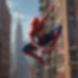 Spider-Man web-swinging through the city skyline