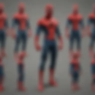 A detailed character evolution chart showing Spider-Man through the decades.