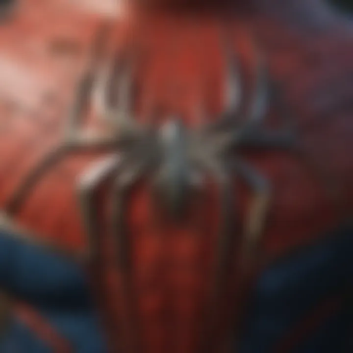 A detailed look at the costume's emblem and web-shooters integrated into the design.