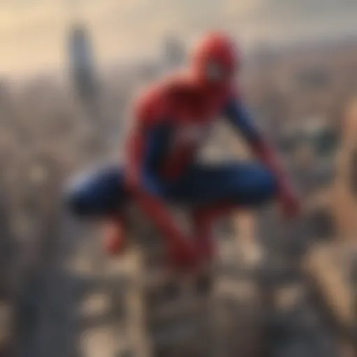 A dramatic view of the Spider-Man Tower amidst a city skyline.