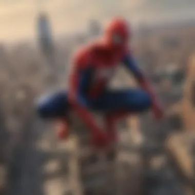 Majestic Spider-Man Tower Against the Urban Landscape A dramatic view of the Spider-Man Tower amidst a city skyline.