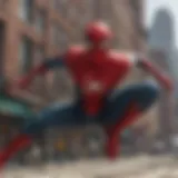 A striking visual of Spidey swinging through the cityscape, showcasing dynamic action.