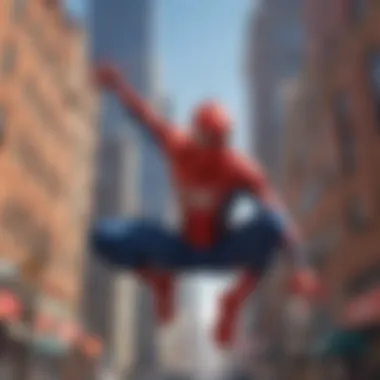 An illustration of Spider-Man swinging through a vibrant cityscape.