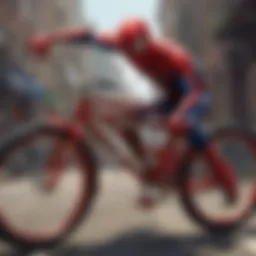 A vibrant Spider-Man themed bicycle showcasing the superhero's iconic colors and design
