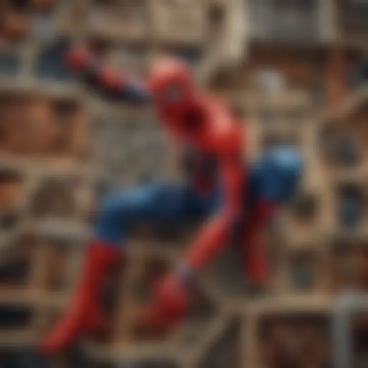 An intricate close-up of Spider-Man's iconic web and minifigures