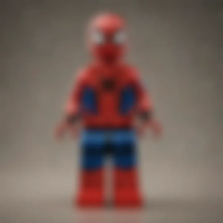 A close-up view of a custom-built Spider-Man LEGO figure highlighting intricate details.