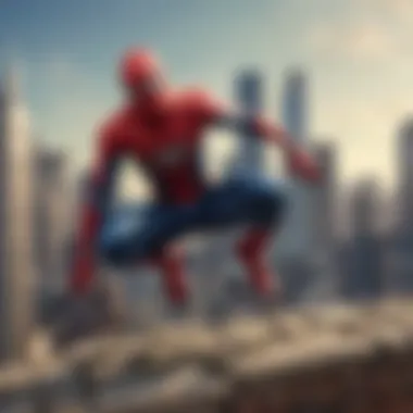 Spider-Man in dynamic pose with city skyline background