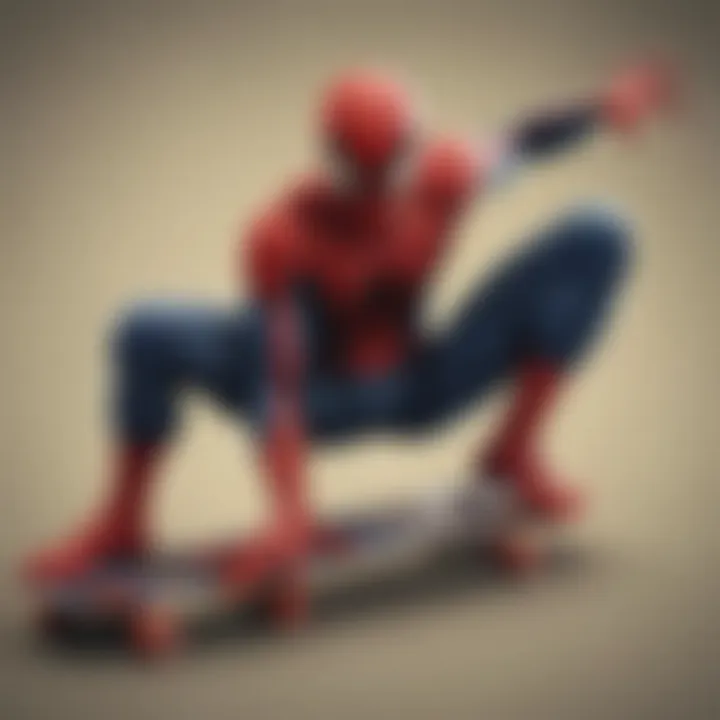 Skateboard deck featuring Spiderman's iconic web design