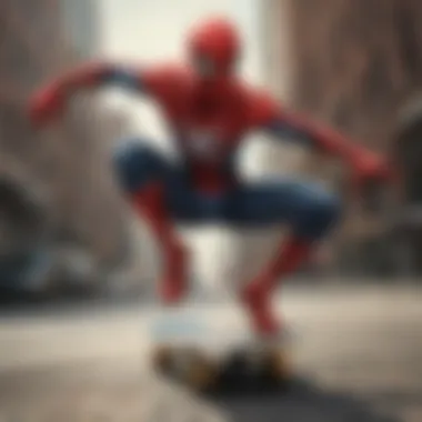 Spiderman performing a daring skateboard trick