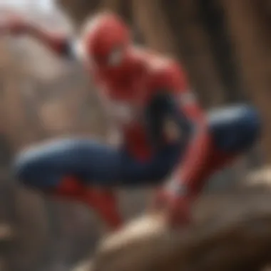 Spider-Man in a high-tech suit exploring mysterious ruins