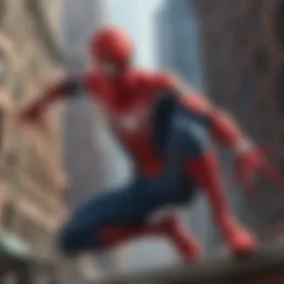 An illustration of Spider-Man swinging through the city skyline