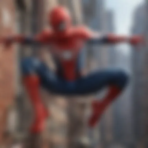 A dynamic shot of Spider-Man swinging through the city skyline.