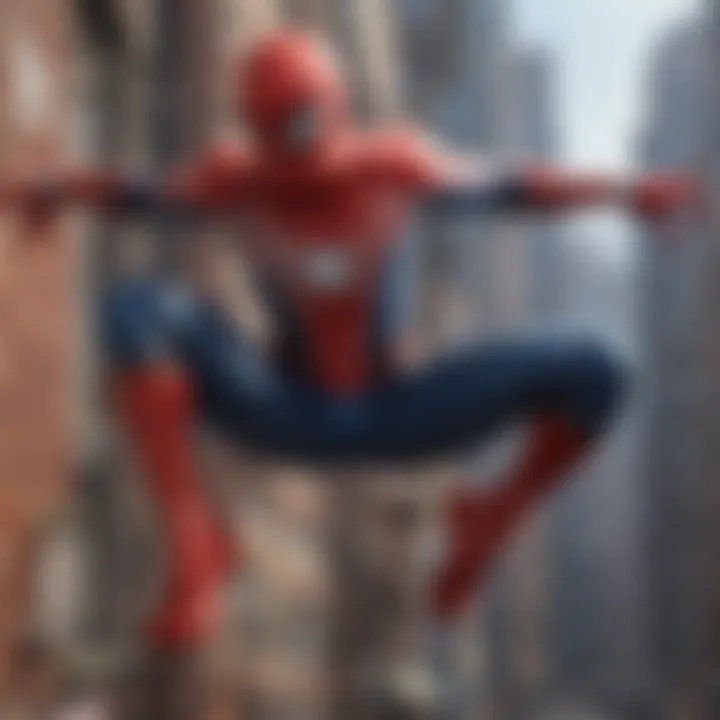 A dynamic shot of Spider-Man swinging through the city skyline.