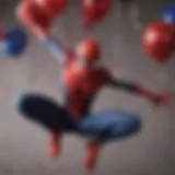 Vibrant Spider-Verse themed decorations including balloons and banners