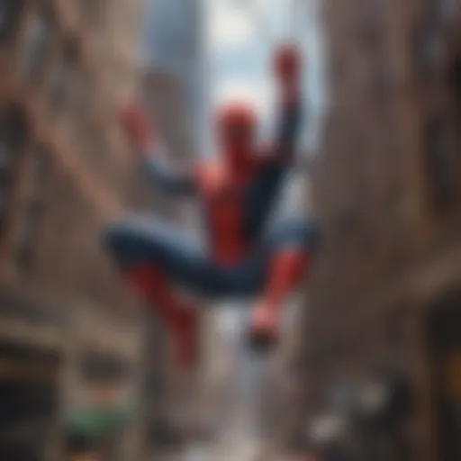 Dynamic pose of Mafex Comic Spider-Man swinging through cityscape