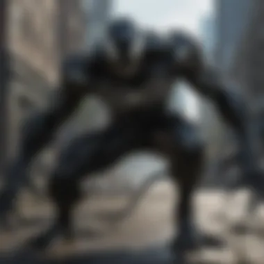 Venom's menacing silhouette against a dark cityscape